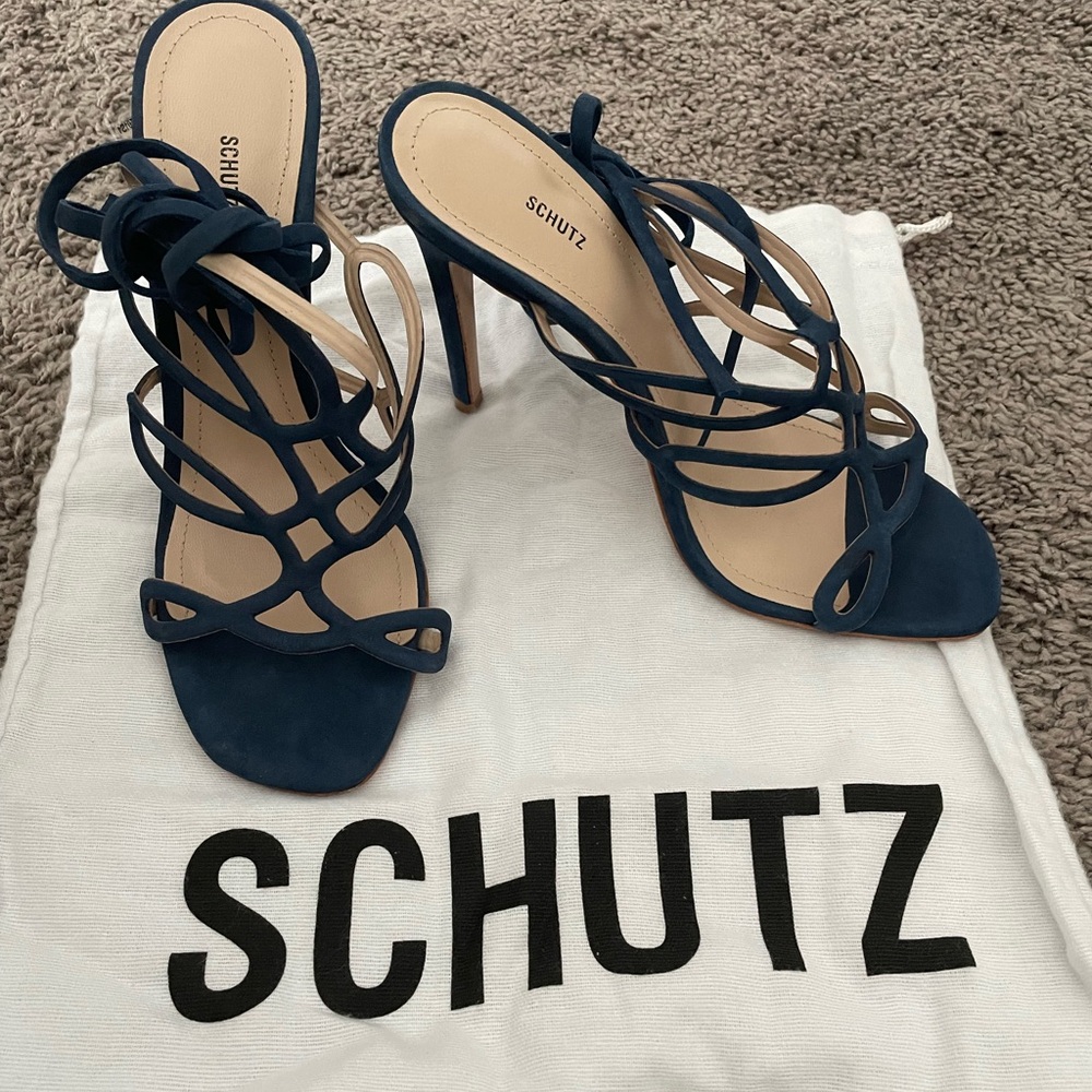 Schutz Navy Blue Lace Up Heel Sandals